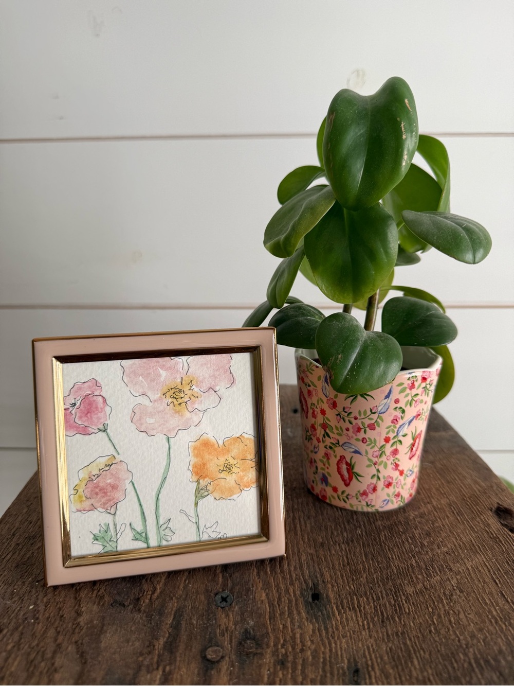 Hand crafted Floral Watercolor original in 4x4 pink frame